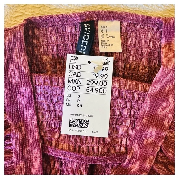 H&M Ruffle Smocked Crop Top Small Pink Pattern NWT - Picture 7 of 8